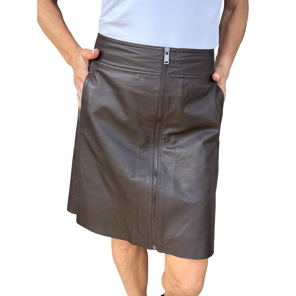 Massimo Dutti Mini A Line Skirt Genuine Leather Brown Front Zip Large NWT $200 - Picture 9 of 16